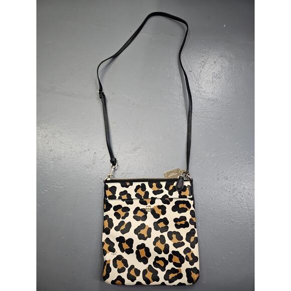 Coach Small Crossbody Bag Beige Leopard Print Leather Adjustable Strap Lined - Picture 8 of 10